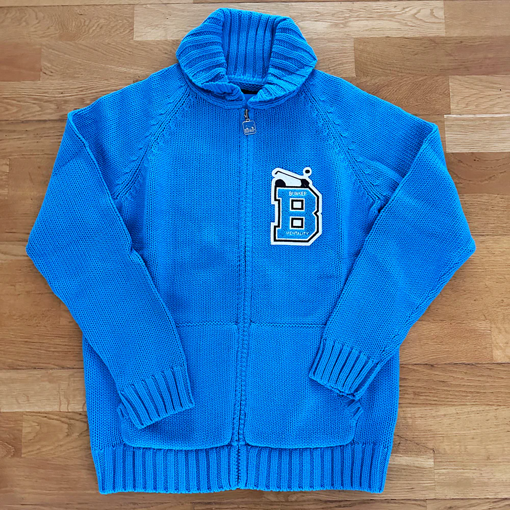 Cotton Heavy Knit Full Zip Cardigan with Jacquard Buggy - Blue - XS 38" S 40" chest - (Sample)