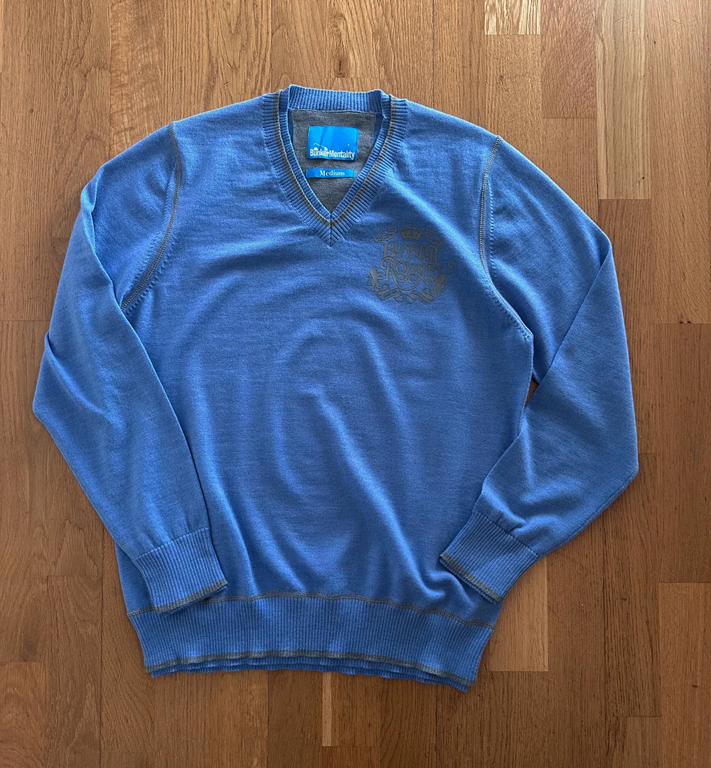 V Neck Merino Wool Jumper with back Eagle print - Blue - Medium (Sample)