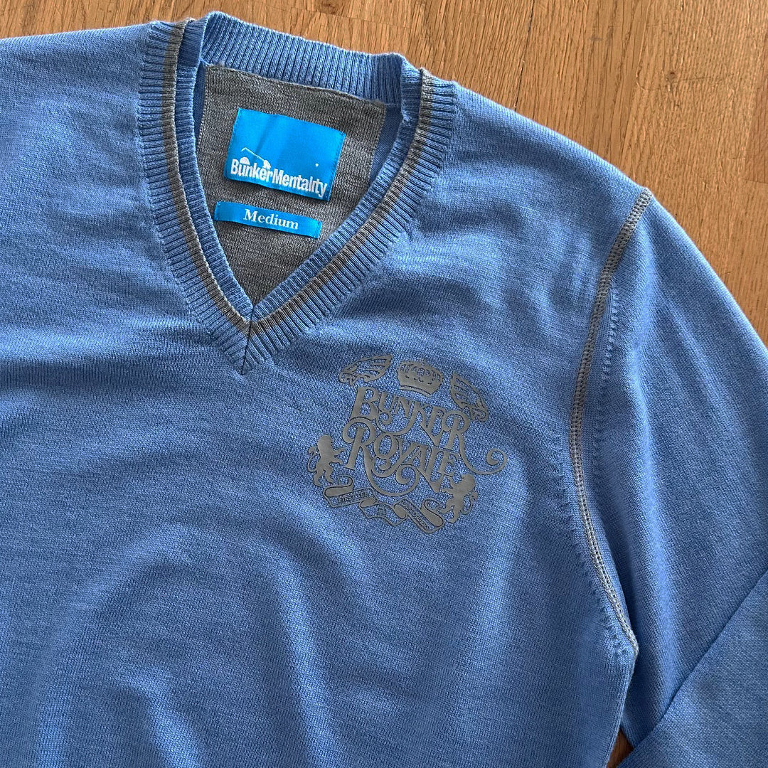 V Neck Merino Wool Jumper with back Eagle print - Blue - Medium (Sample) - Image 2