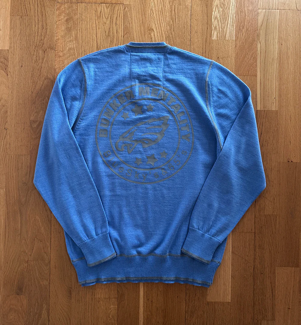 V Neck Merino Wool Jumper with back Eagle print - Blue - Medium (Sample) - Image 3
