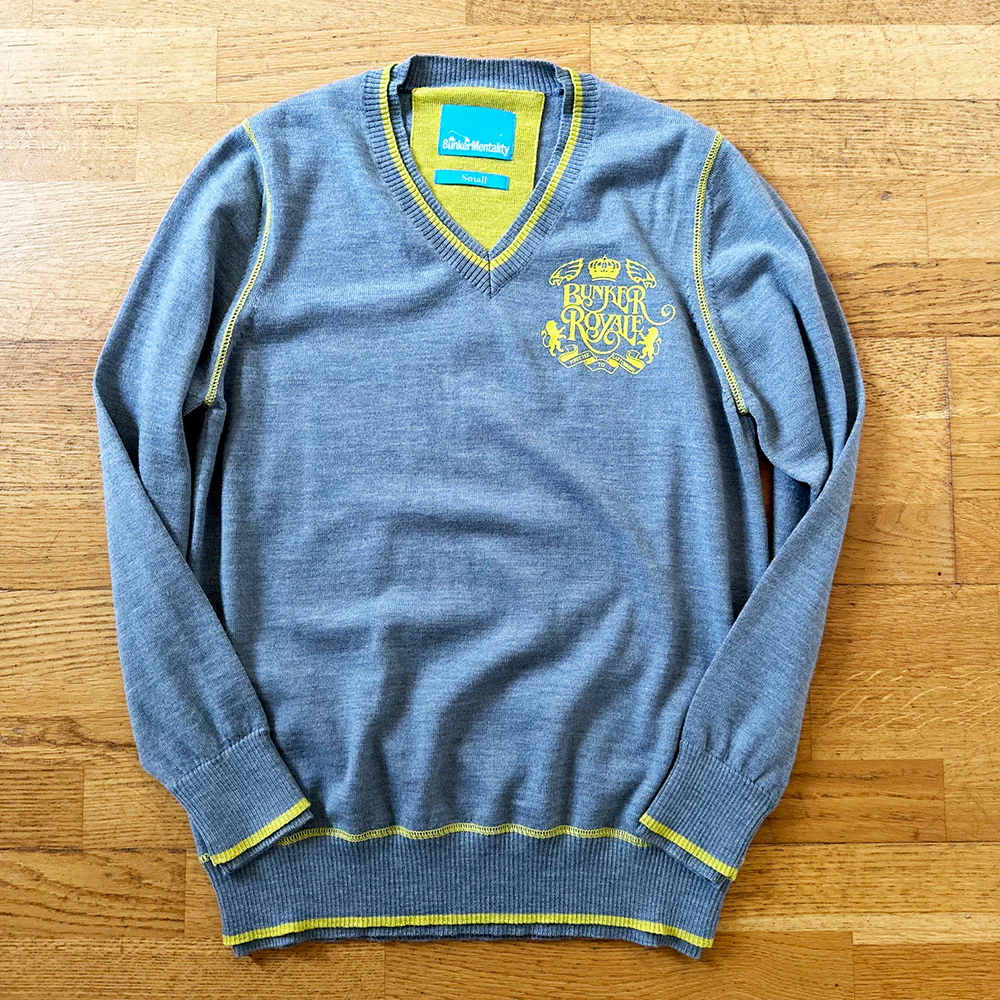 V Neck Merino Wool Jumper with back skull print - Grey- Medium and Small (Sample)
