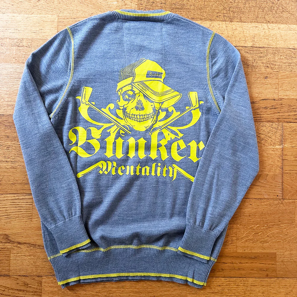 V Neck Merino Wool Jumper with back skull print - Grey- Medium and Small (Sample) - Image 2